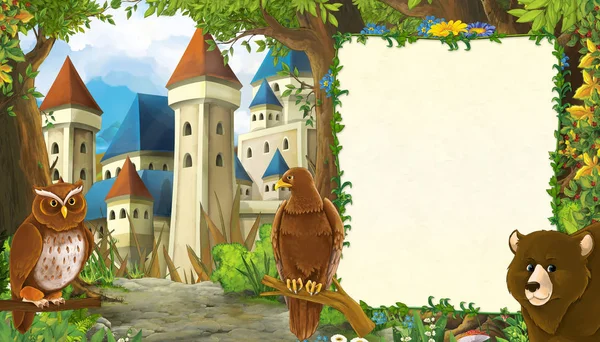 Cartoon-Naturszene mit wunderschönem Adlervogel mit wunderschönem Schloss mit Textrahmen - Illustration für die Kinder — Stockfoto