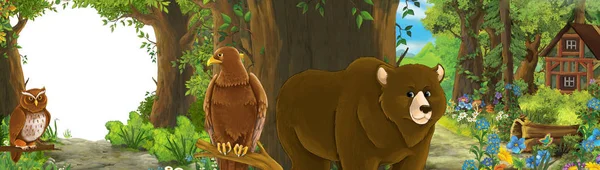 Engraçado cartoon cena com águia pássaro na floresta com escondido en — Fotografia de Stock