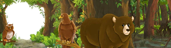 Divertida escena de dibujos animados con águila pájaro en el bosque con oculto en — Foto de Stock