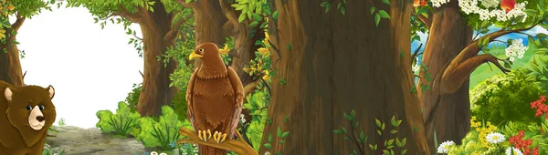 Funny cartoon scene with eagle bird in the forest with hidden en — Stock Photo, Image