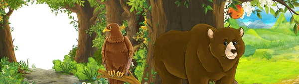 Drôle de scène de dessin animé avec aigle oiseau dans la forêt avec caché fr — Photo