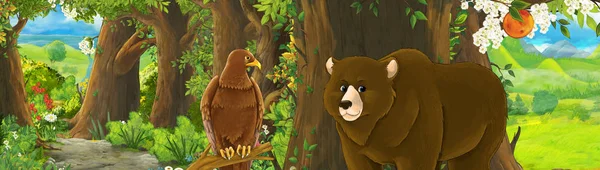 Divertente scena del cartone animato con aquila uccello nella foresta con nascosto en — Foto Stock