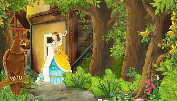 Escena de la naturaleza de dibujos animados con la calle de la ciudad medieval y con hermosa princesa niña de pie y la lectura - ilustración para los niños —  Fotos de Stock