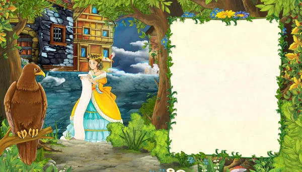 Tegnefilm naturscene med middelalderens gate og med en vakker jente prinsesse stående og lest - illustrasjon for barn – stockfoto