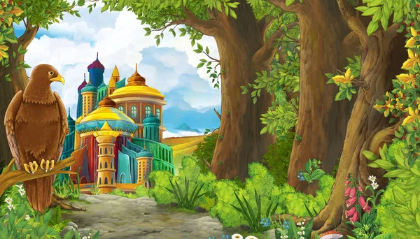 Dibujos animados escena de la naturaleza con hermoso castillo cerca del bosque - enfermo —  Fotos de Stock