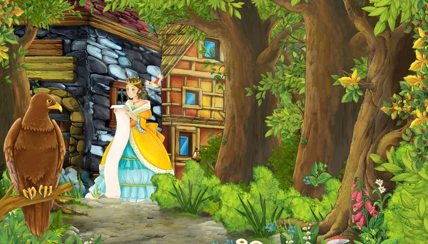 Cartoon nature scene with medieval city street and with beautifu — 스톡 사진