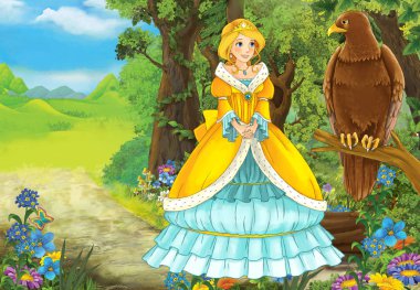 Çocuklar için orman illüstrasyonunda çayırlı kuş kartallı çizgi film sahnesi