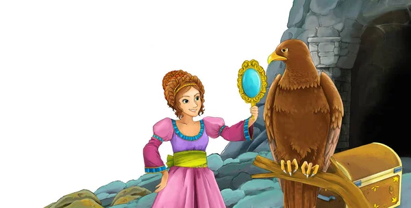 cartoon scene with bird eagle with entrance to the mine with bir