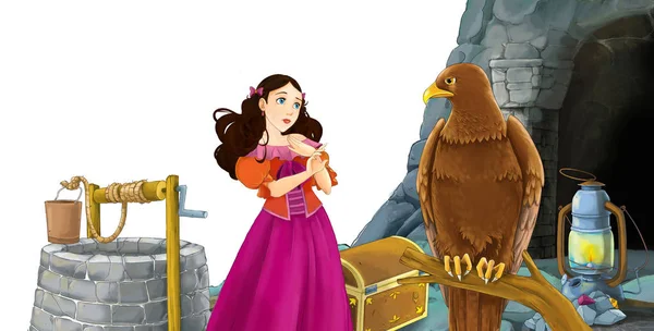 cartoon scene with bird eagle with entrance to the mine with bir