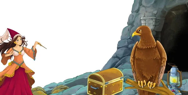 Zeichentrickszene mit Vogeladler mit Eingang zum Bergwerk auf weiß — Stockfoto