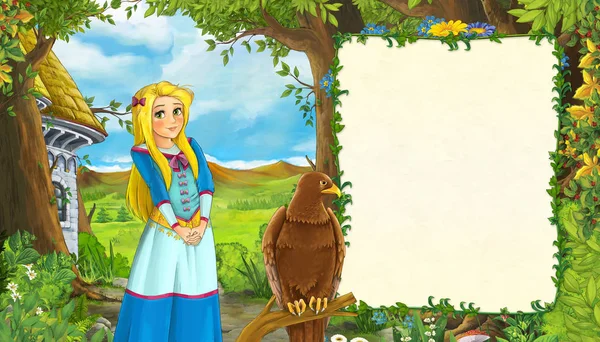 Cartoon scene with bird eagle with mountains valley near the for — 스톡 사진