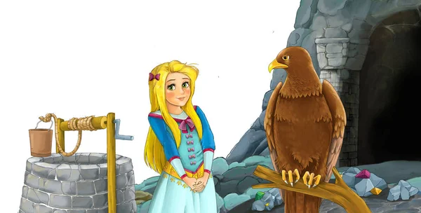 cartoon scene with bird eagle with entrance to the mine with bir