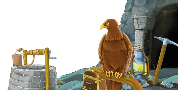Scena kreskówki z orłem ptaków z wejściem do kopalni z orłem ptaków na białym tle z miejscem na tekst - ilustracja dla dzieci — Zdjęcie stockowe