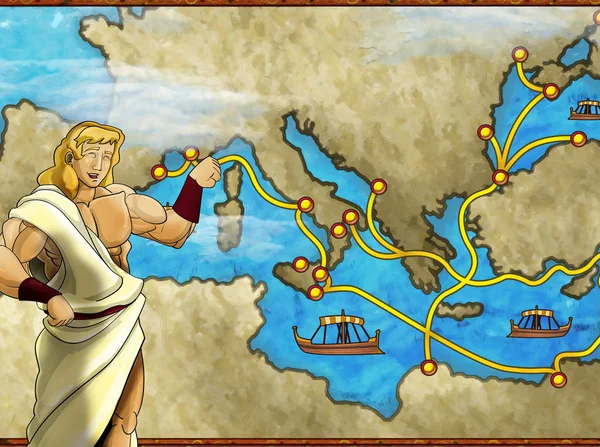 Scena del fumetto con personaggio greco o romano o commerciante sulla mappa dell'illustrazione mediterranea del mare per i bambini — Foto Stock