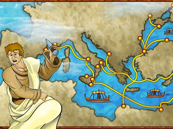 Scena del fumetto con personaggio greco o romano o commerciante sulla mappa dell'illustrazione mediterranea del mare per i bambini — Foto Stock