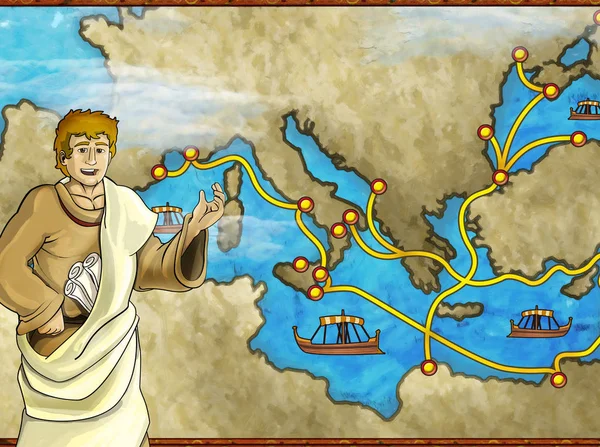 Cartoon scene with greek or roman character or trader merchant on the map of mediterranean sea illustration for children — ストック写真