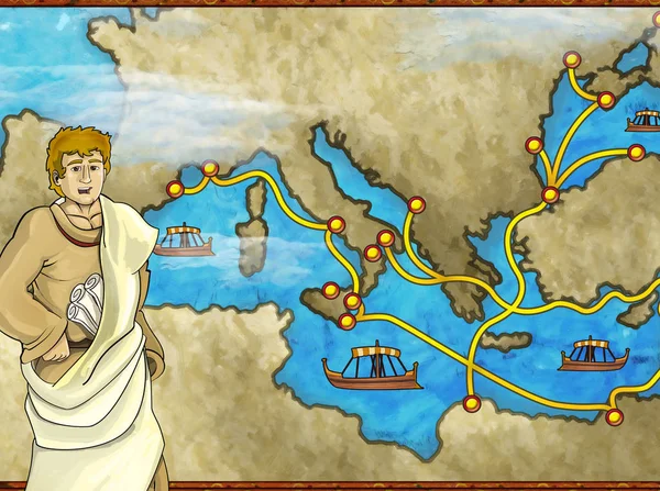 Scena z kreskówek z greckiego lub rzymskiego charakteru lub handlowiec handlowiec na mapie Morza Śródziemnego ilustracji dla dzieci — Zdjęcie stockowe