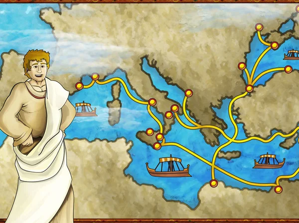 Cartoon scene with greek or roman character or trader merchant on the map of mediterranean sea illustration for children — Stock Photo, Image