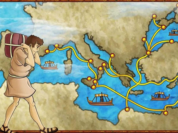 Scena z kreskówek z greckiego lub rzymskiego charakteru lub handlowiec handlowiec na mapie Morza Śródziemnego ilustracji dla dzieci — Zdjęcie stockowe