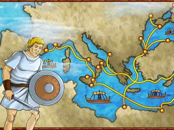 Scena del fumetto con personaggio greco o romano o commerciante sulla mappa dell'illustrazione mediterranea del mare per i bambini — Foto Stock