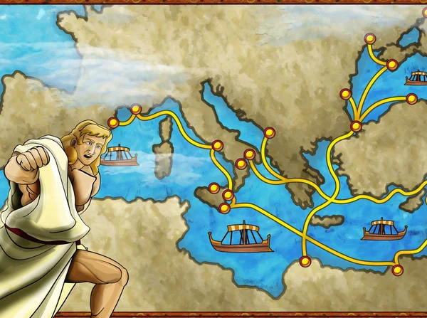 Cartoon scene with greek or roman character or trader merchant on the map of mediterranean sea illustration for children — Stock Photo, Image