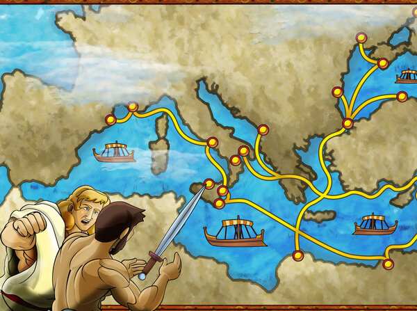 мультфильм сцены с греческим или римским персонажем или торговец торговец на карте Средиземного моря иллюстрации для детей

