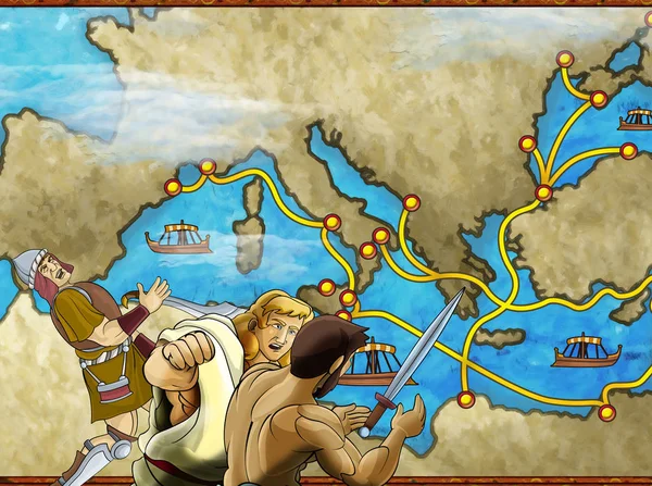 Мультяшна сцена з грецьким або римським персонажем або торговцем на карті середземноморської морської ілюстрації для дітей — стокове фото