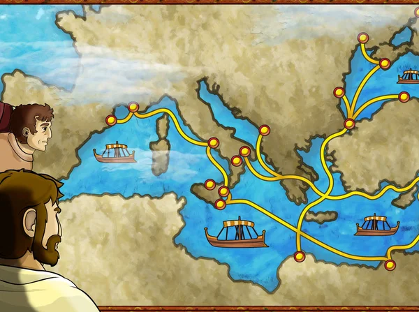 Cartoon scene with greek or roman character or trader merchant on the map of mediterranean sea illustration for children — ストック写真