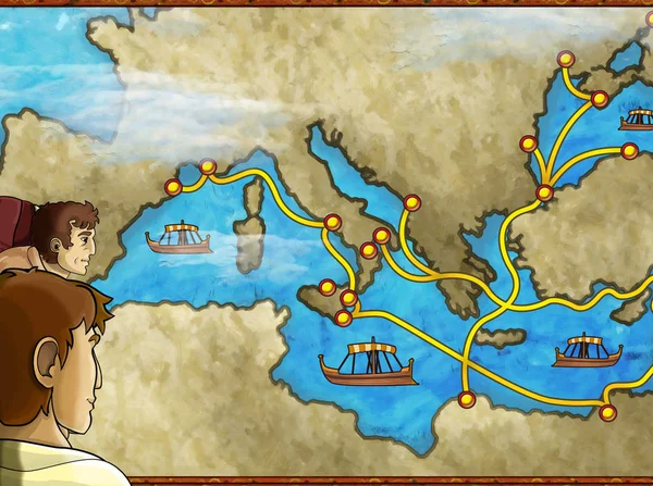 Cartoon scene with greek or roman character or trader merchant on the map of mediterranean sea illustration for children — ストック写真