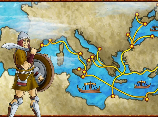 Мультяшна сцена з грецьким або римським персонажем або торговцем на карті середземноморської морської ілюстрації для дітей — стокове фото