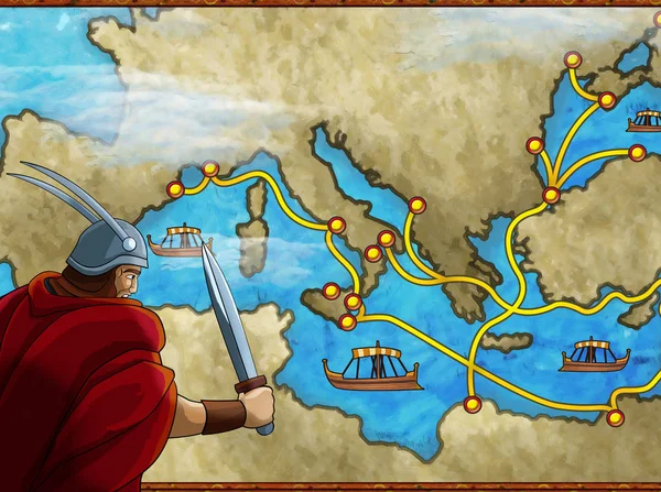 Tecknad scen med grekisk eller romersk karaktär eller handlare på kartan över Medelhavet havet illustration för barn — Stockfoto