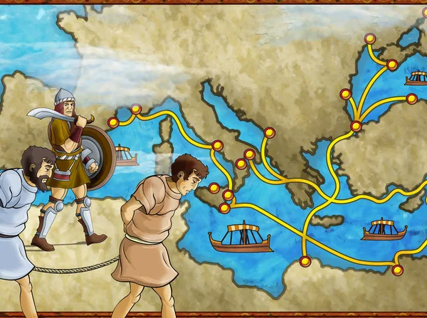 cartoon scene with greek or roman character or trader merchant on the map of mediterranean sea illustration for children