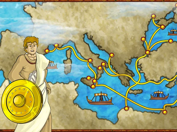 Cartoon scene with greek or roman character or trader merchant on the map of mediterranean sea illustration for children — ストック写真