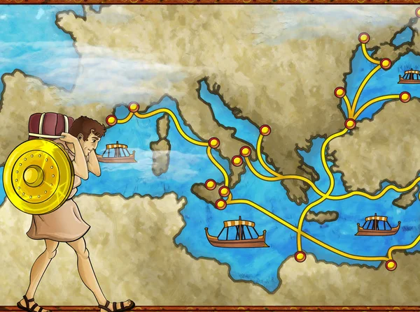 Cartoon scene with greek or roman character or trader merchant on the map of mediterranean sea illustration for children — ストック写真