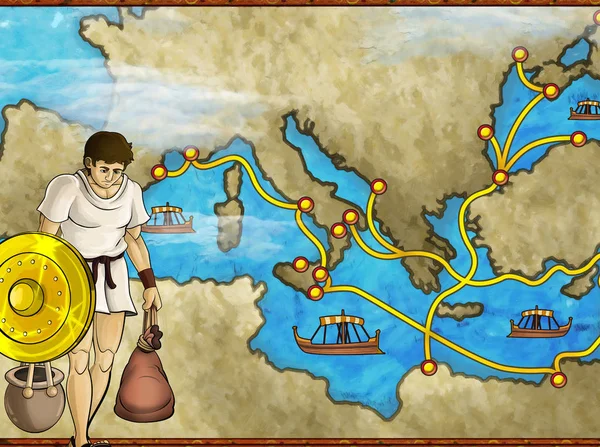 Scena del fumetto con personaggio greco o romano o commerciante sulla mappa dell'illustrazione mediterranea del mare per i bambini — Foto Stock