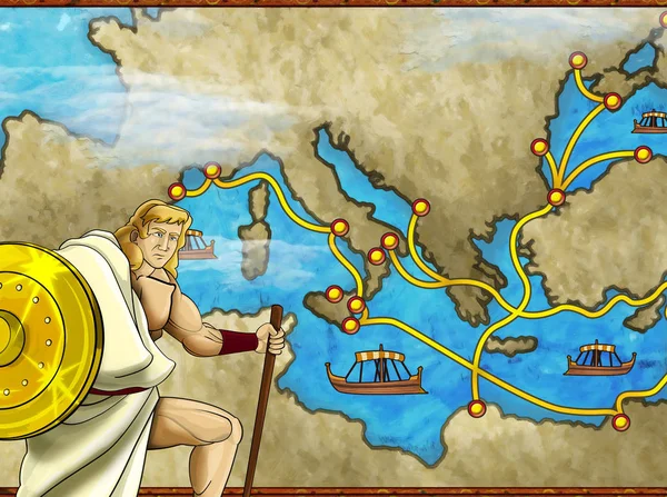 Cartoon scene with greek or roman character or trader merchant on the map of mediterranean sea illustration for children — ストック写真