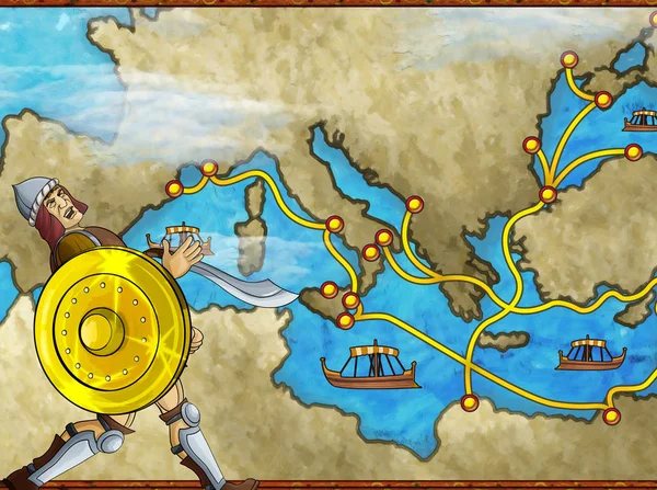 Scena del fumetto con personaggio greco o romano o commerciante sulla mappa dell'illustrazione mediterranea del mare per i bambini — Foto Stock