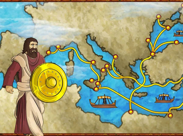 Scena del fumetto con personaggio greco o romano o commerciante sulla mappa dell'illustrazione mediterranea del mare per i bambini — Foto Stock