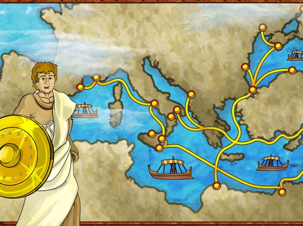 Cartoon scene with greek or roman character or trader merchant on the map of mediterranean sea illustration for children — ストック写真