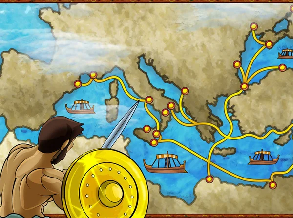 Tecknad scen med grekisk eller romersk karaktär eller handlare på kartan över Medelhavet havet illustration för barn — Stockfoto