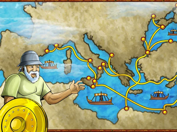 Cartoon scene with greek or roman character or trader merchant on the map of mediterranean sea illustration for children — ストック写真