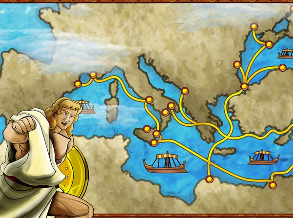 Cena dos desenhos animados com caráter grego ou romano ou comerciante comerciante no mapa da ilustração do mar mediterrâneo para crianças — Fotografia de Stock