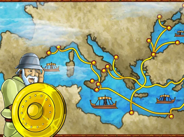 Cartoon scene with greek or roman character or trader merchant on the map of mediterranean sea illustration for children — ストック写真