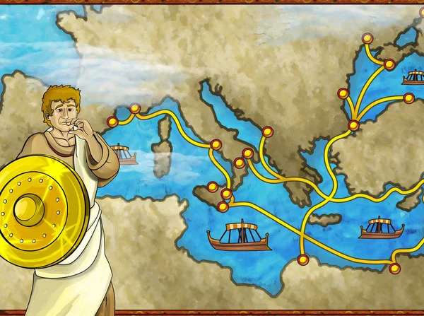 Cartoon scene with greek or roman character or trader merchant on the map of mediterranean sea illustration for children — ストック写真