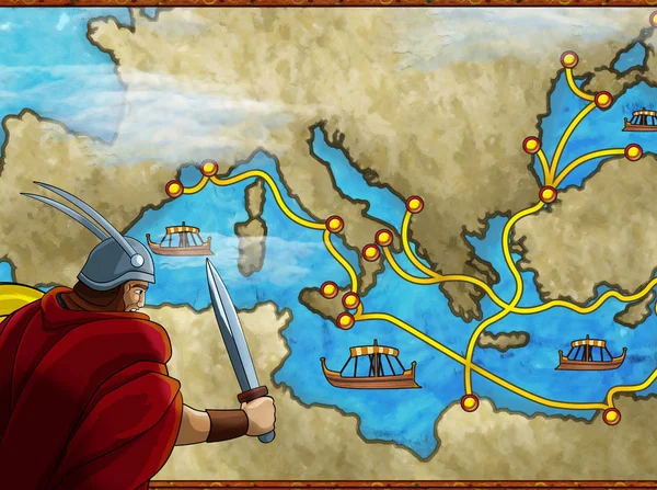 Cartoon scene with greek or roman character or trader merchant on the map of mediterranean sea illustration for children — ストック写真