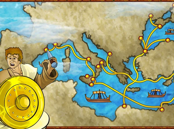 Cartoon scene with greek or roman character or trader merchant on the map of mediterranean sea illustration for children — ストック写真