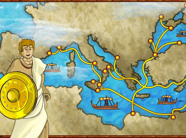 Zeichentrickszene mit griechischer oder römischer Figur oder Händler auf der Mittelmeerkarte für Kinder — Stockfoto
