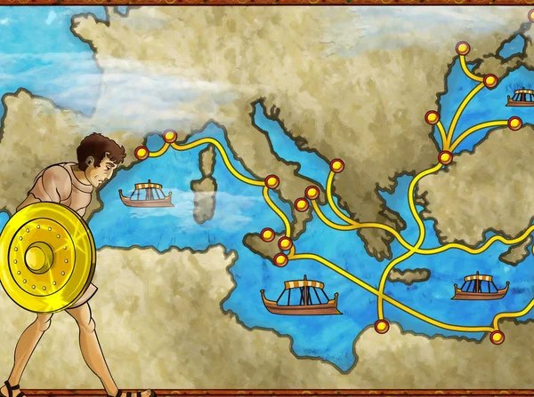 Cartoon scene with greek or roman character or trader merchant on the map of mediterranean sea illustration for children — ストック写真