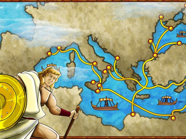 Scena del fumetto con personaggio greco o romano o commerciante sulla mappa dell'illustrazione mediterranea del mare per i bambini — Foto Stock