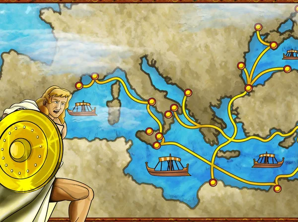 Cartoon scene with greek or roman character or trader merchant on the map of mediterranean sea illustration for children — ストック写真